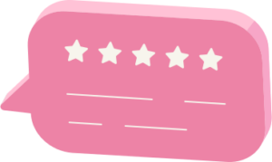 Illustration of a pink speech bubble with a 5-star rating scale.